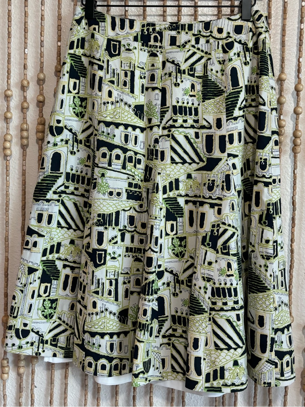 Y2K Jones NY Silk Linen Green Euro Town Abstract Print A Line Midi Skirt 6